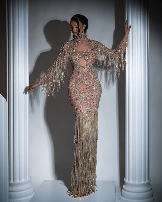Lyana Gold Dress with Tassels and Crystals
