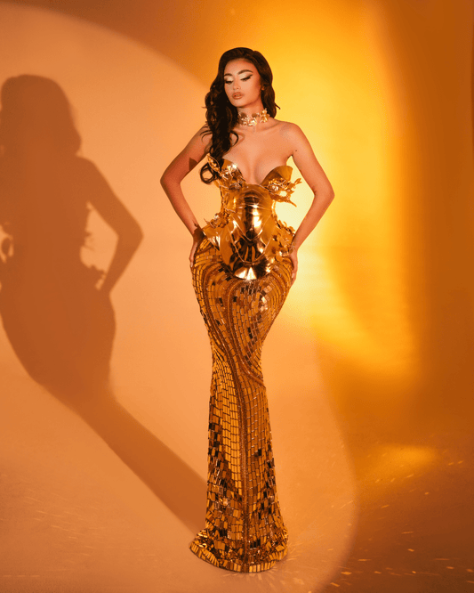 Lyane Gold Long Sleeveless Dress with Crystals and Flowers