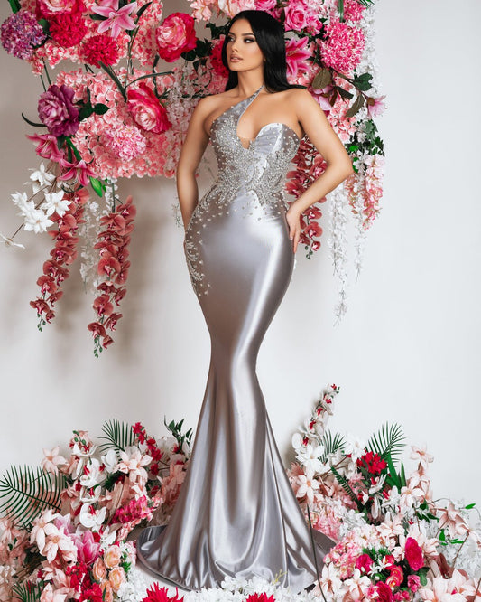 Silver Satin Dress - Elegant sleeveless strapless gown in shimmering silver satin fabric