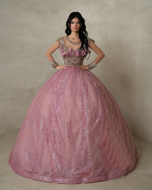 Lysandra Pink Ballgown with Gold and Silver Chest Details