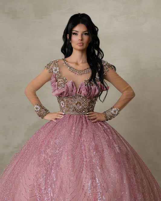 Lysandra Pink Ballgown with Gold and Silver Chest Details