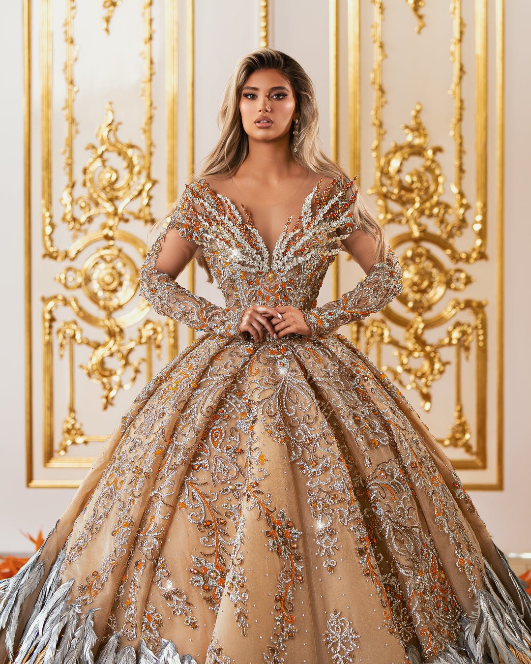 Mademoiselle Orange Gown with Crystals and Feathers Blini Fashion House Ballgown Crystals Feathers Blini Fashion House