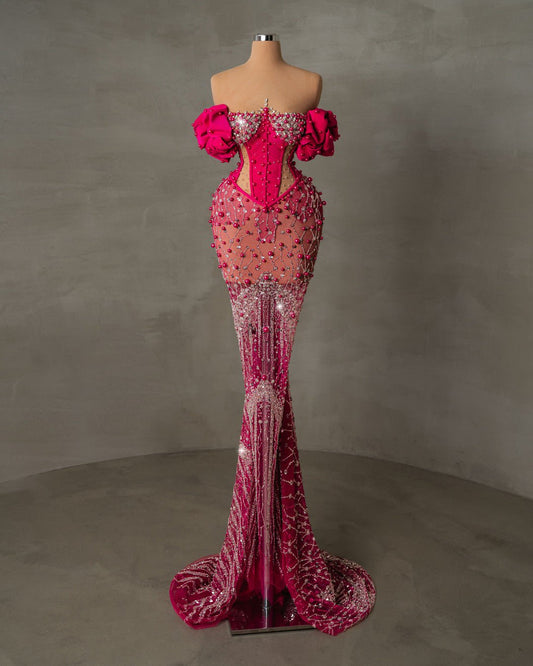 Flowy Mae Pink Dress featuring delicate pearls, perfect for special occasions and evening events.