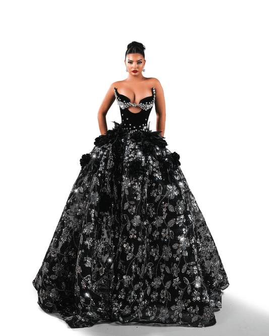 Magenta Black Long Sleeveless Dress with Crystals and Flowers