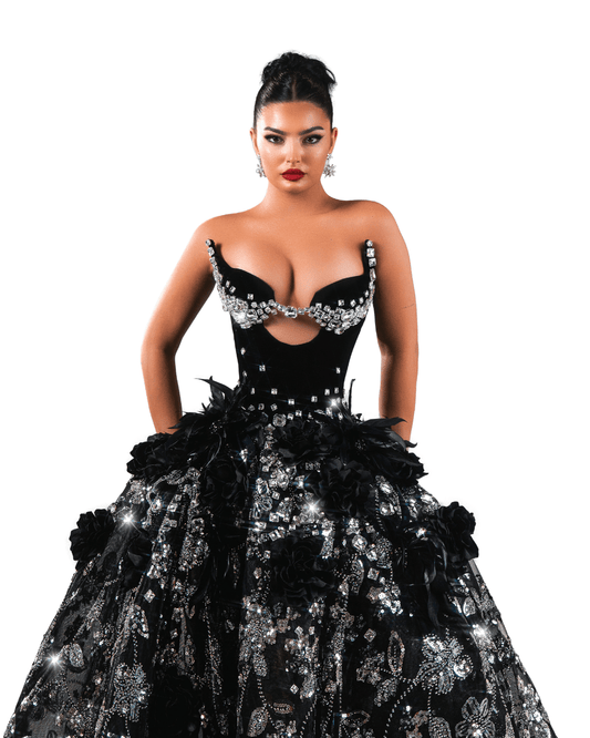 Magenta Black Long Sleeveless Dress with Crystals and Flowers