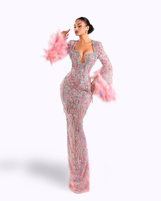 Meala Pink Long Dress with Crystals and Feathers