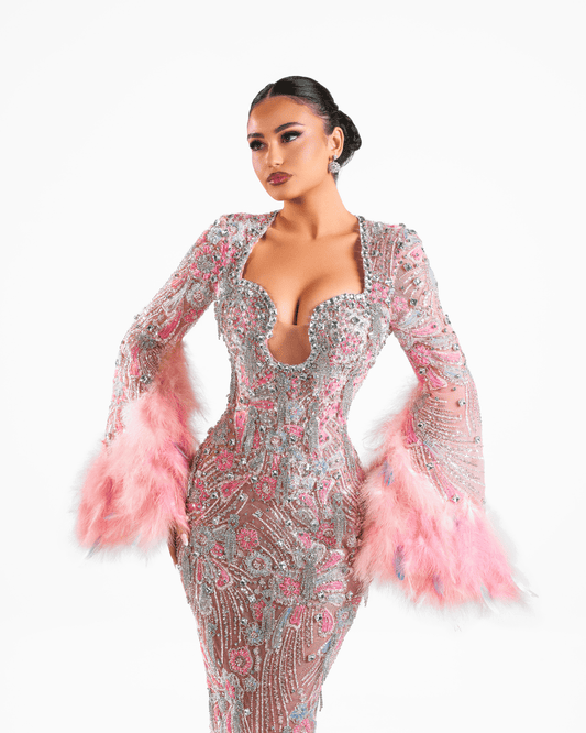 Meala Pink Long Dress with Crystals and Feathers