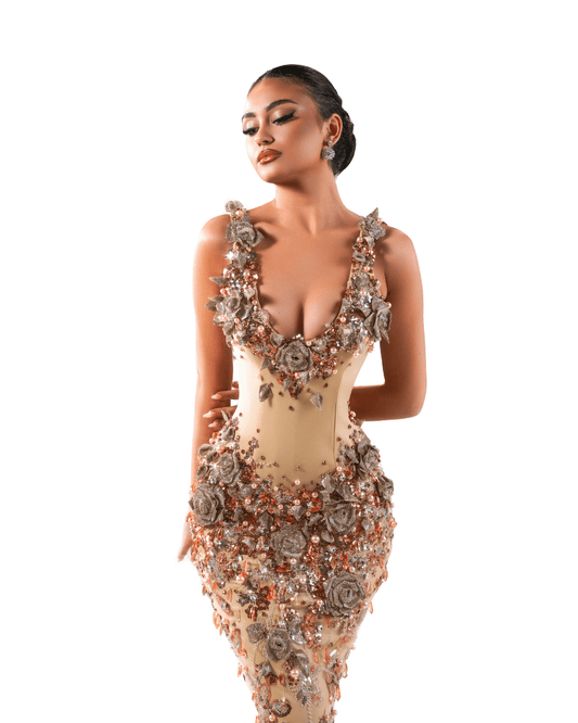 Megene Nude Long Sleeveless Dress with Crystals and Flowers