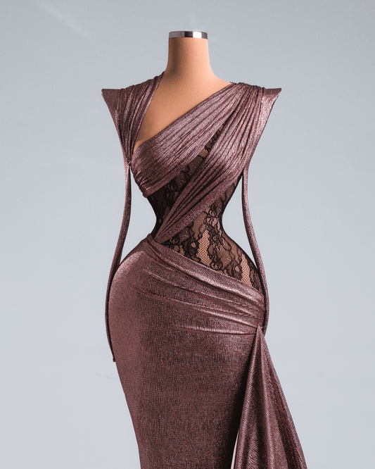 Meria Deep Rose Metallic Long Dress with Side Cape