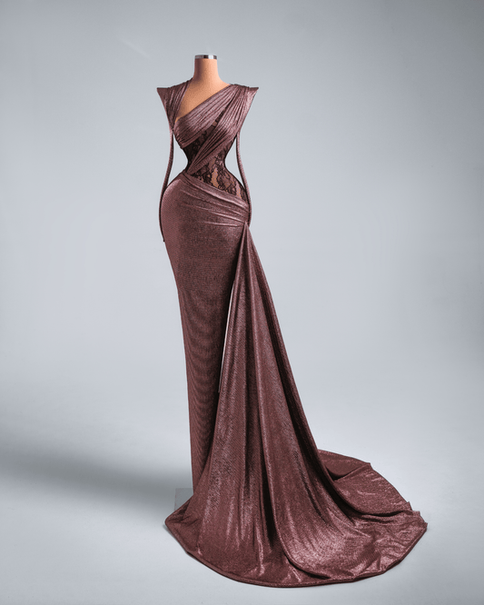 Meria Deep Rose Metallic Long Dress with Side Cape