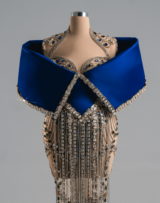 Mirage Royal Blue Long Dress With Silver Stones
