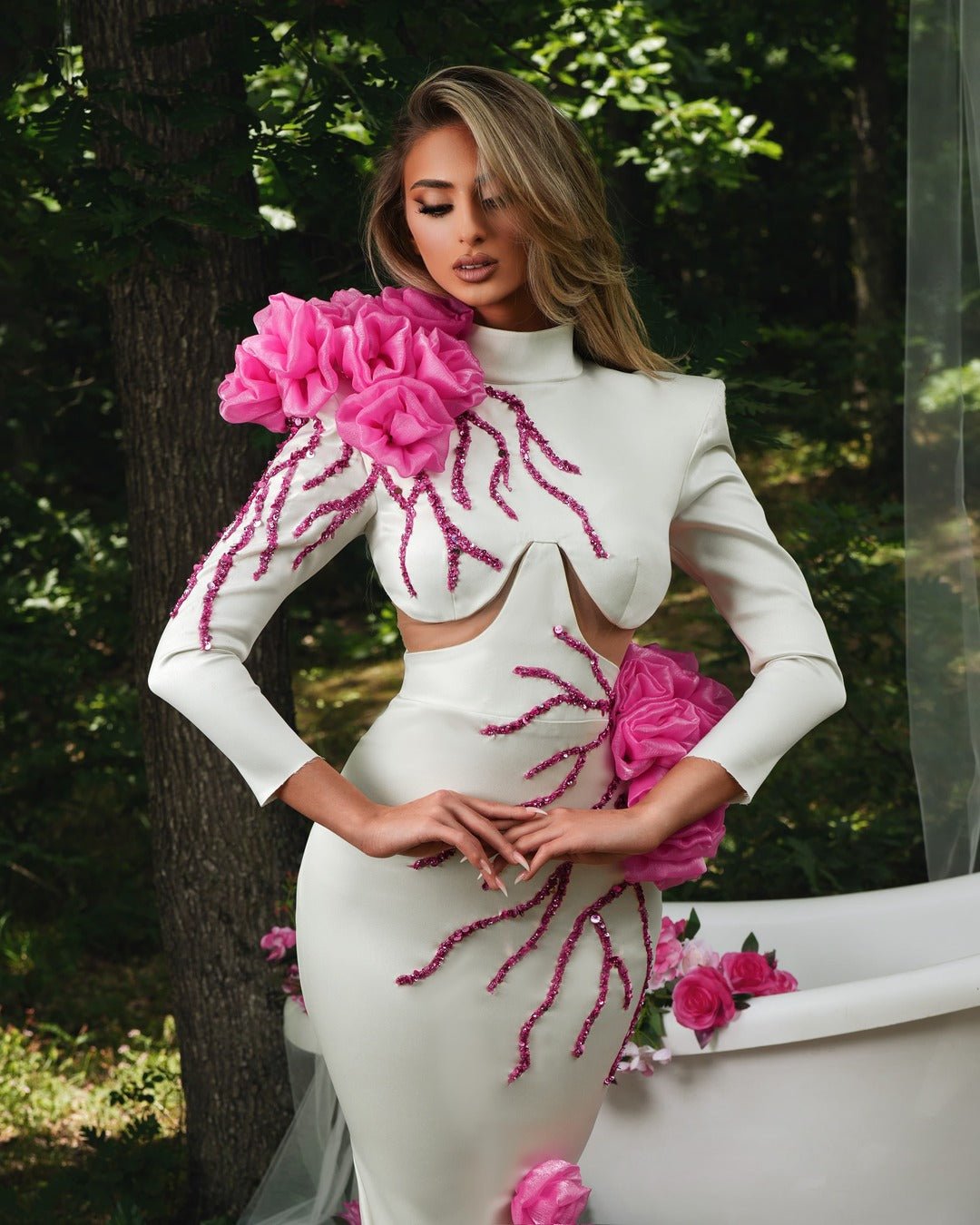 High Neck White Dress with Long Sleeves and Waist Cut-Outs