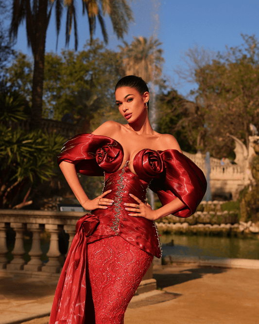 Moase Red Long Dress, with Cape and Crystals