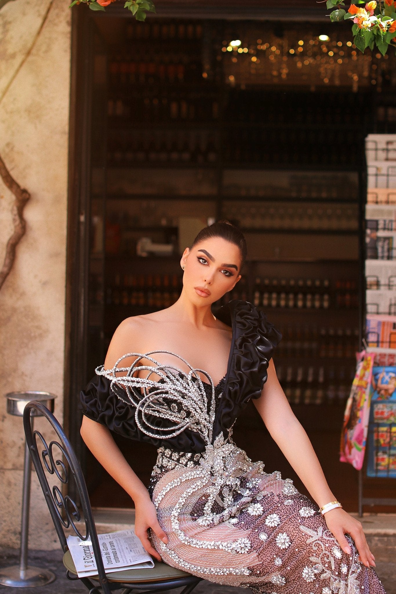 Luxurious long silver dress with black 3D bodice design