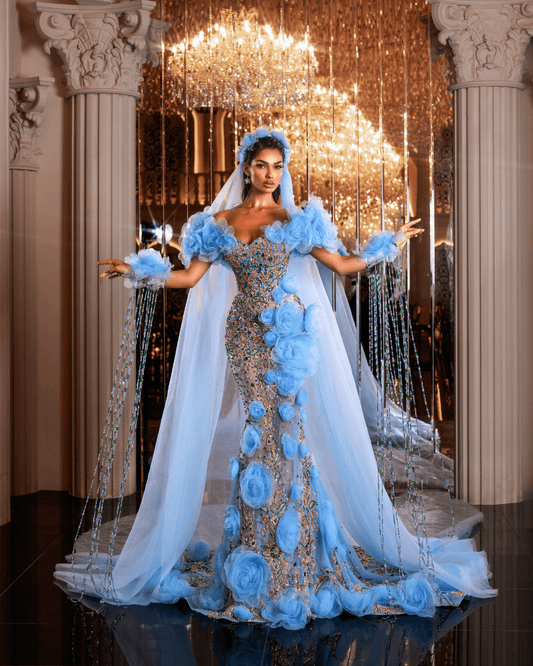 Morody Blue Sleeveless Dress with Flowers and Headpiece