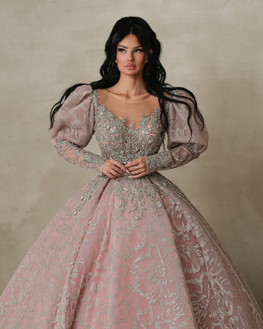 Morrigwen Pink Long Sleeve Gown With Crystals