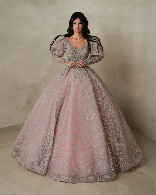 Morrigwen Pink Long Sleeve Gown With Crystals