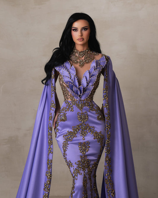 Morwenna Purple Dress with Majestic Arm Capes