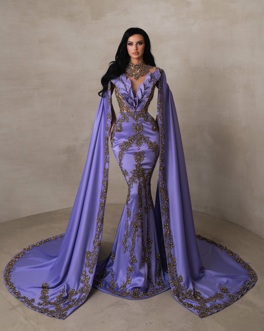Morwenna Purple Dress with Majestic Arm Capes