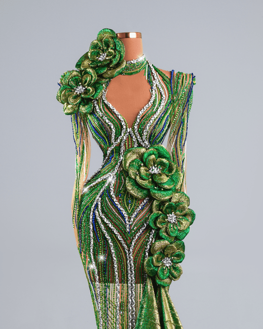 Muele Metallic Green Long Dress with Side Cape