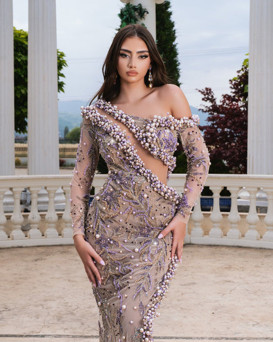 Nadine Purple Dress with Beads and Cut-Outs