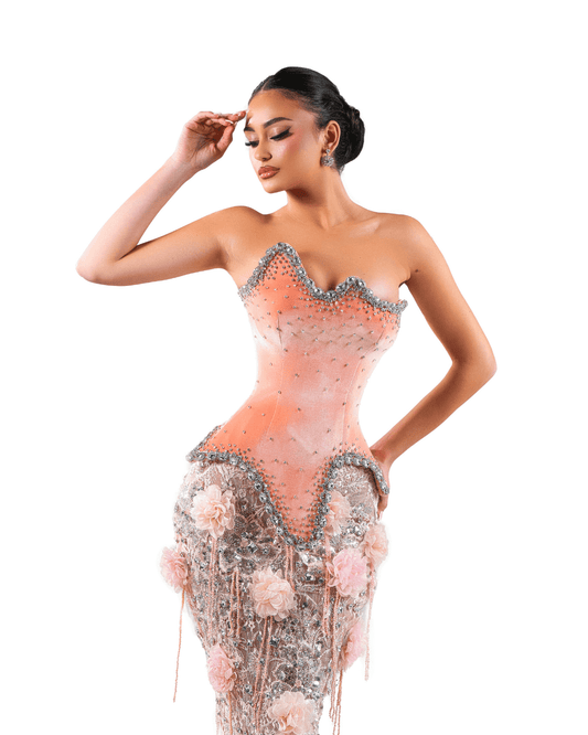 Naona Pink Long Sleeveless Dress with Crystals and Flowers