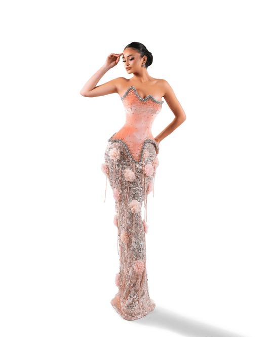 Naona Pink Long Sleeveless Dress with Crystals and Flowers