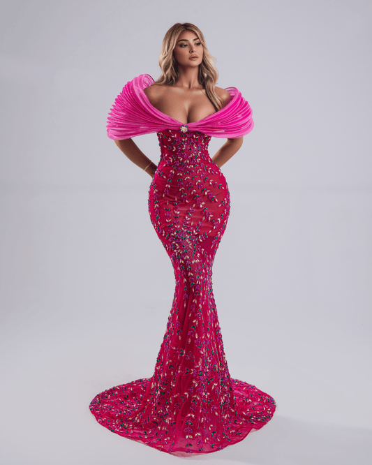 Naora Pink Long Dress Off Shoulder with Crystals