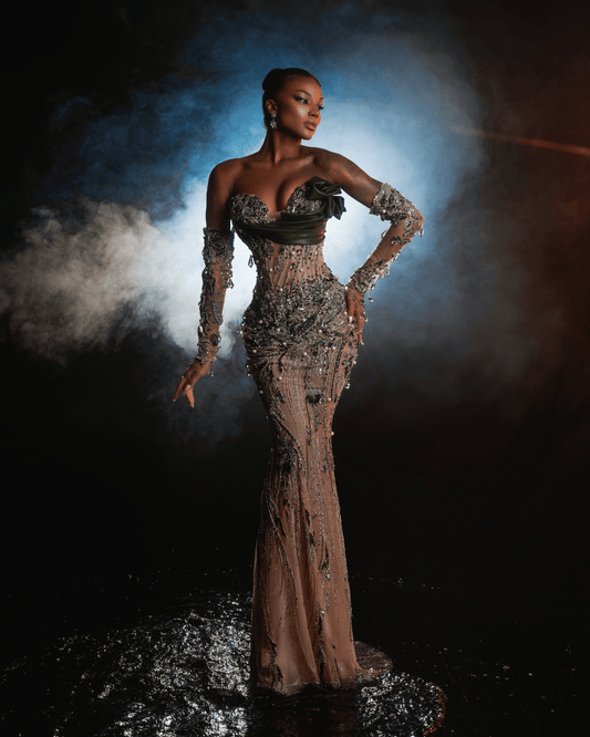 Naria Nude Dress with Crystals and Metallic Leather