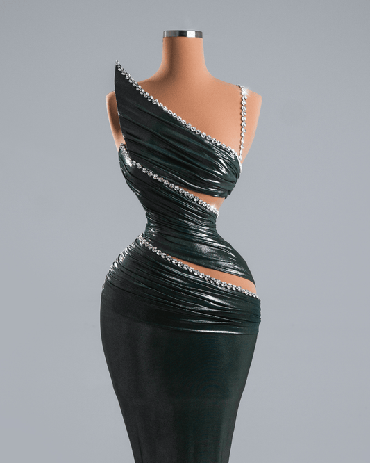 Nelea Deep Green Long Sleeveless Dress with Crystas