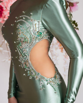 Detailed Embellishments on Fern Green Satin Dress
