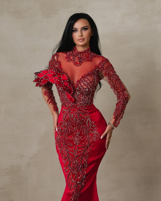 Nocturna Red Long Sleeve Satin Dress with Petal Shoulder Details