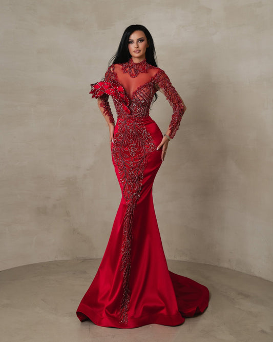 Nocturna Red Long Sleeve Satin Dress with Petal Shoulder Details