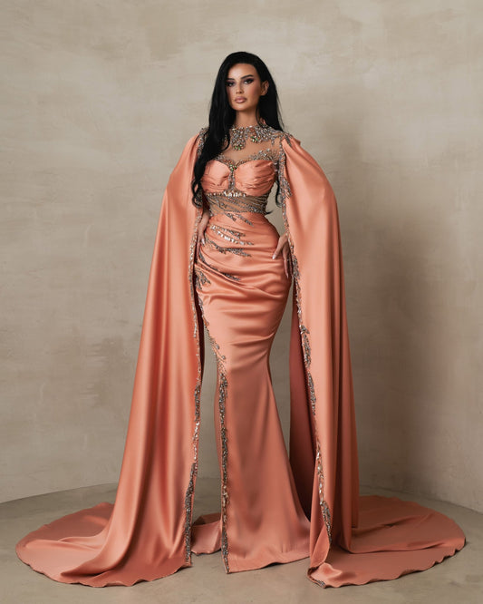 Nyxara Peach Dress with Flowing Arm Capes