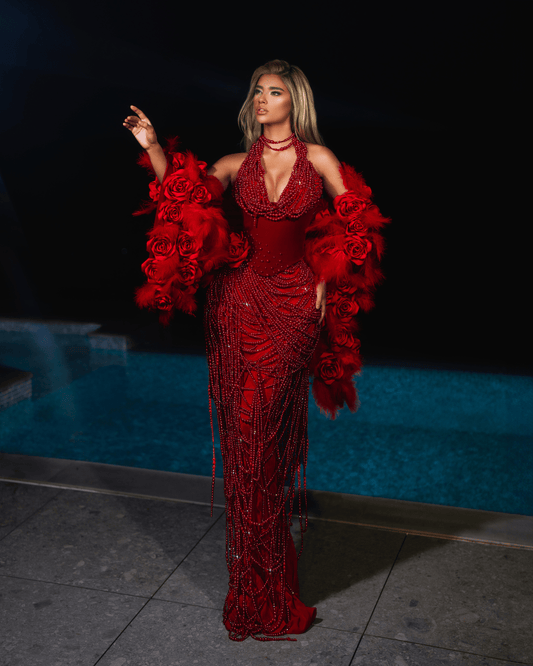 Odea Red Dress with Roses and Pearls