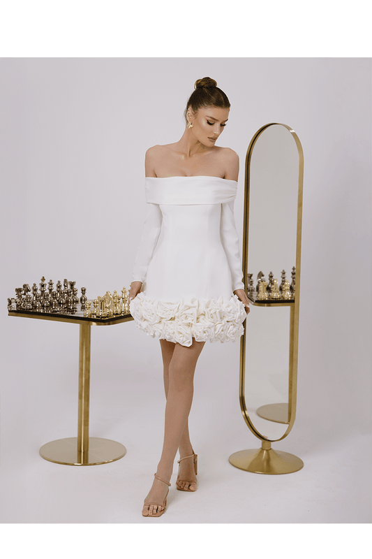 Odette White Romantic Mini Dress, Off Shoulder With Polyester Fabric