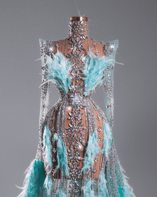Ogea Blue Long Dress with Feathers and Crystals