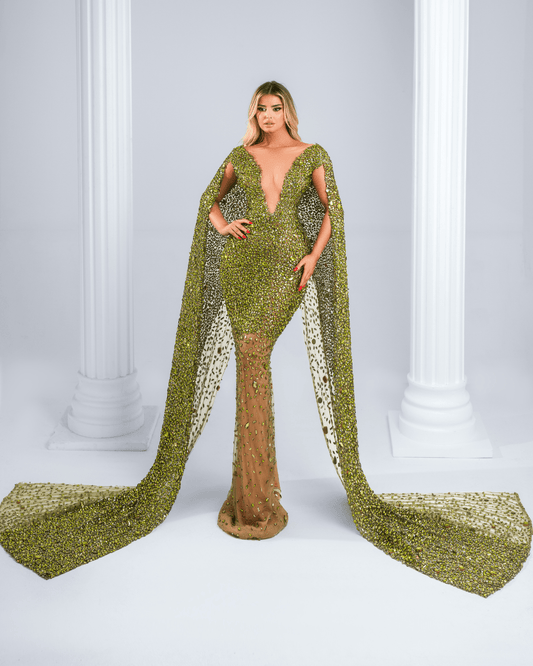 Olere Green Dress, with Crystal and Side Capes
