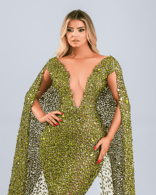 Olere Green Dress, with Crystal and Side Capes