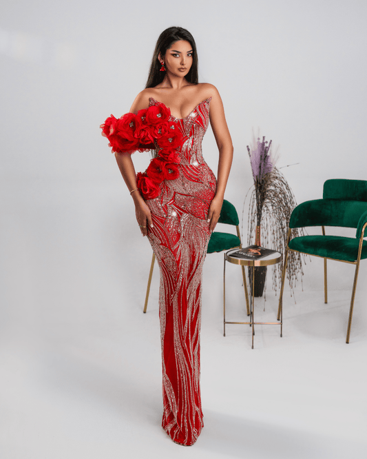 Olesia Red Long Dress with Crystals and Flowers