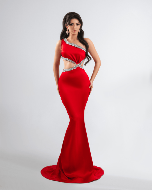 Ona Red Long Dress with Crystals and Cut-Outs