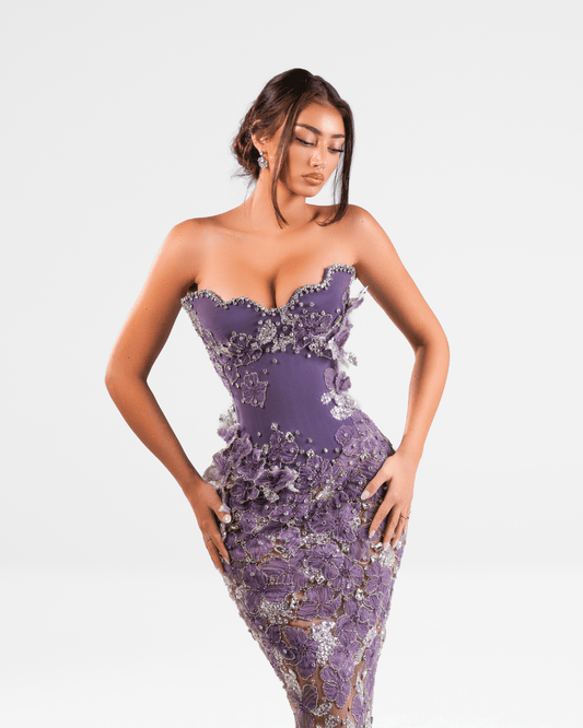 Oneya Purple Long Sleeveless Dress with Crystals and Flowers
