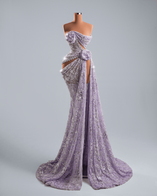 Onyna Purple Dress with Side Cape and Crystals