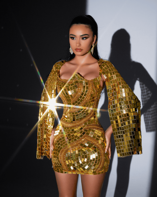 Orayla Short Gold Mirror Dress with Capes