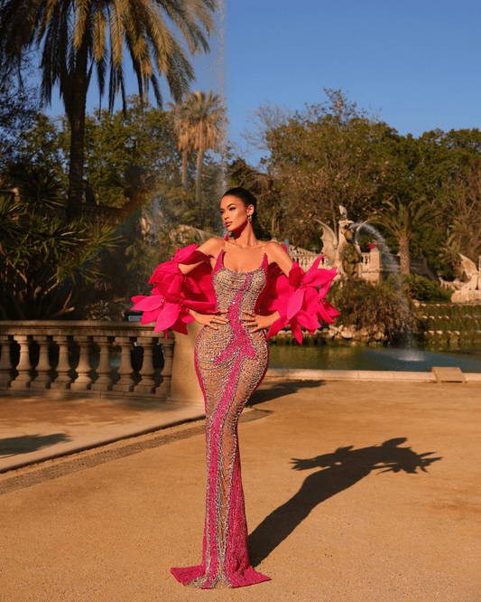 Orela Pink Long Dress, with Cape and Flowers