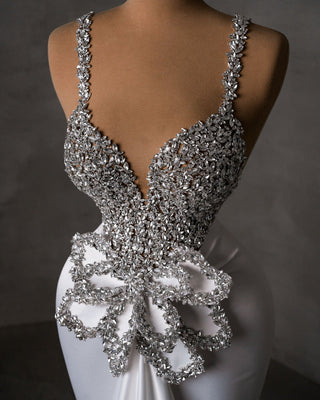 Detailed Crystal Bodice of Satin Bridal Dress