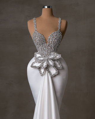White Satin Bridal Dress with Crystal Embellishments