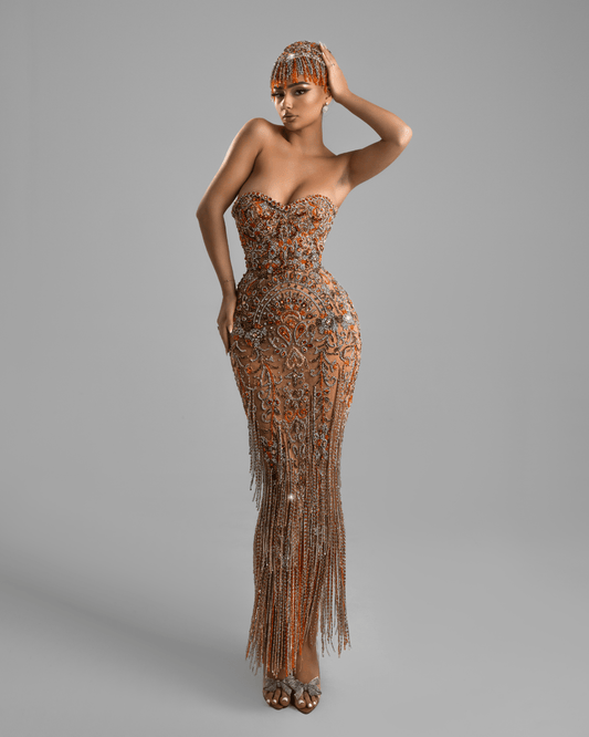 Orone Orange Long Dress with Crystals