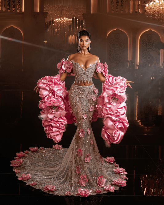 Planya Pink Sleeveless Dress with Flowers and Cape