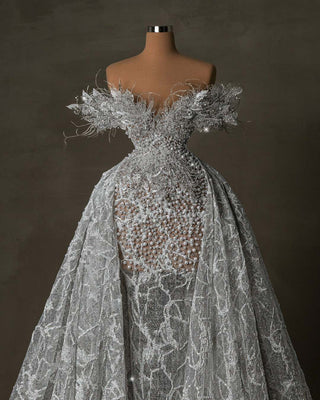 Elegant Off Shoulder Bridal Gown with Pearls and Crystals